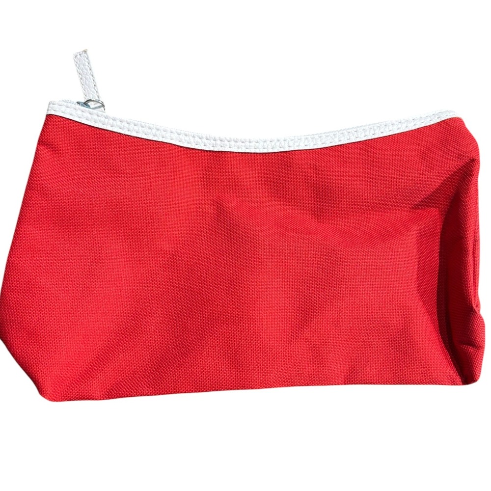 Lancome Red Canvas Makeup Bag Cosmetic Pouch White Zipper Trim Travel Case NEW
